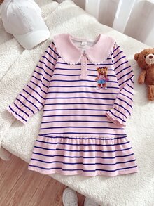 Playful Pals 1件幼童女童娃娃領洋裝，可愛甜美學院風，粉色條紋熊圖案，蕾絲飾邊荷葉邊下擺，長袖鈕扣開襟，生日派對秋季公主K-Pop風 - 粉色 - 查看 3