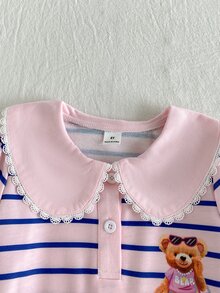 Playful Pals 1件幼童女童娃娃領洋裝，可愛甜美學院風，粉色條紋熊圖案，蕾絲飾邊荷葉邊下擺，長袖鈕扣開襟，生日派對秋季公主K-Pop風 - 粉色 - 查看 7