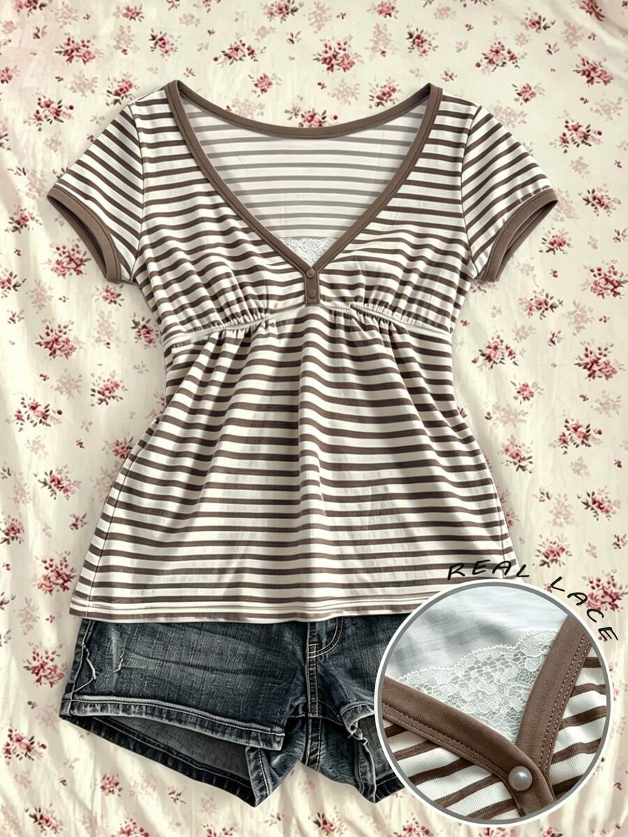 IslaSuriya Women's Casual V-Neck Striped Colorblock Short Sleeve Top For Daily Wear - Multicolor - View 1
