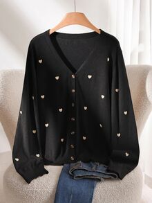 CosyJoli Women's Plus Size Heart Pattern Long Sleeve Cardigan Back-To-School Graduation Black And White Autumn Cute Kawaii Winter - Black - View 2