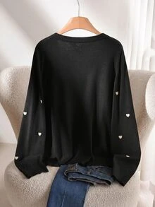 CosyJoli Women's Plus Size Heart Pattern Long Sleeve Cardigan Back-To-School Graduation Black And White Autumn Cute Kawaii Winter - Black - View 3