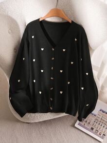 CosyJoli Women's Plus Size Heart Pattern Long Sleeve Cardigan Back-To-School Graduation Black And White Autumn Cute Kawaii Winter - Black - View 4