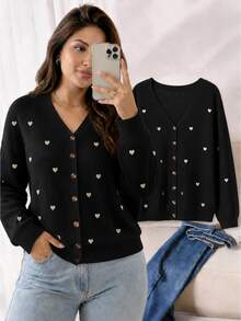 CosyJoli Women's Plus Size Heart Pattern Long Sleeve Cardigan Back-To-School Graduation Black And White Autumn Cute Kawaii Winter - Black - View 8