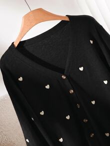 CosyJoli Women's Plus Size Heart Pattern Long Sleeve Cardigan Back-To-School Graduation Black And White Autumn Cute Kawaii Winter - Black - View 6