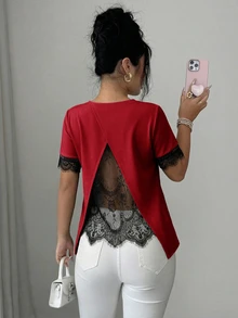 Elenzga 女款春夏 A 字拼接浪漫性感蕾絲法式休閒 T 恤，適合辦公室、外出、夜生活、派對、日常穿著，紅色、黑色 - 紅色 - 查看 2