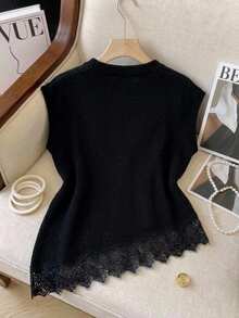 Muvela Women's French Lace Patchwork Asymmetrical Hem Knit Top Brunch Black Summer Elegant Casual - Black - View 2
