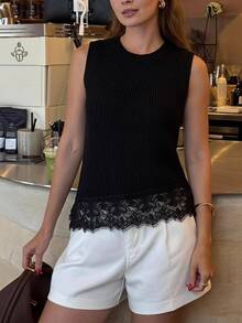 Muvela Women's French Lace Patchwork Asymmetrical Hem Knit Top Brunch Black Summer Elegant Casual - Black - View 4