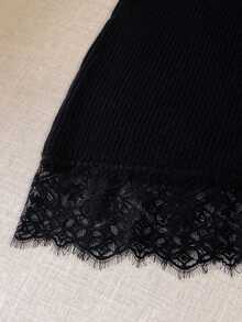 Muvela Women's French Lace Patchwork Asymmetrical Hem Knit Top Brunch Black Summer Elegant Casual - Black - View 6