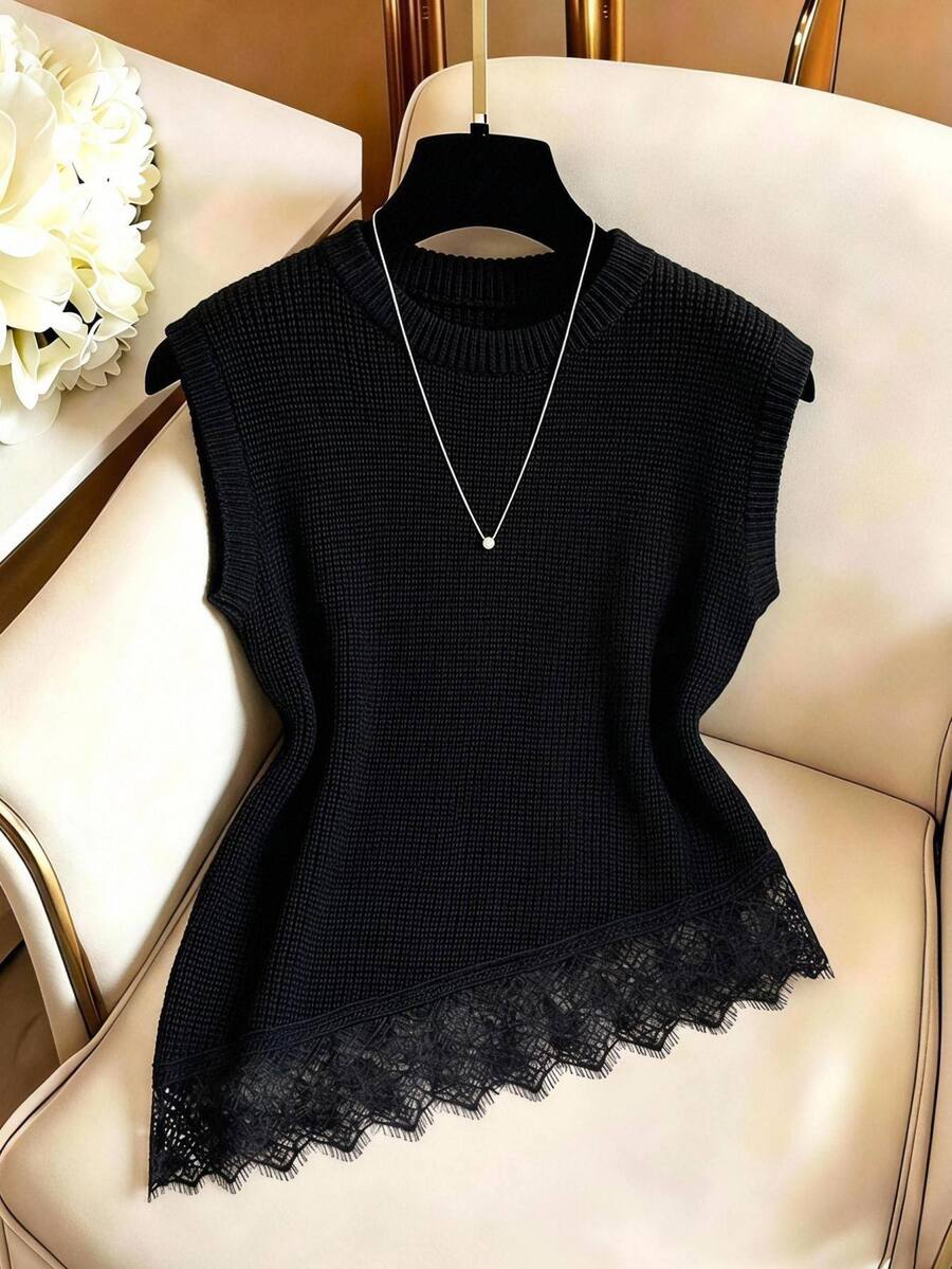 Muvela Women's French Lace Patchwork Asymmetrical Hem Knit Top Brunch Black Summer Elegant Casual - Black - View 1