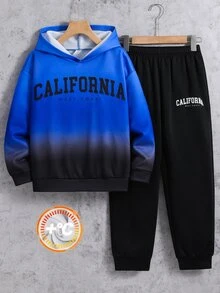 SHEIN 2件組兒童青少年男孩休閒日常百搭舒適字母漸層印花連帽寬鬆長袖衛衣與寬鬆慢跑褲針織運動套裝，適合通勤、上學、日常休閒外出、運動，秋冬款 - 藍色 - 查看 2