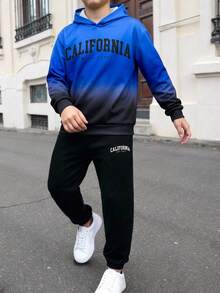SHEIN 2件組兒童青少年男孩休閒日常百搭舒適字母漸層印花連帽寬鬆長袖衛衣與寬鬆慢跑褲針織運動套裝，適合通勤、上學、日常休閒外出、運動，秋冬款 - 藍色 - 查看 4