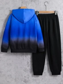 SHEIN 2件組兒童青少年男孩休閒日常百搭舒適字母漸層印花連帽寬鬆長袖衛衣與寬鬆慢跑褲針織運動套裝，適合通勤、上學、日常休閒外出、運動，秋冬款 - 藍色 - 查看 3