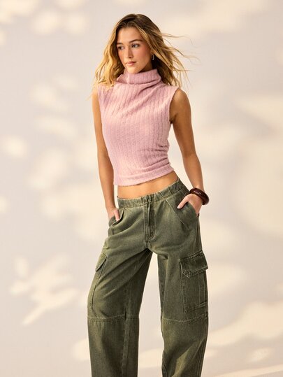 Aralina Jeans cargo lavés pour femmes, taille haute, jambes larges, pantalon tonneau, poches à rabat, coupe ample, décontracté, festival, vacances, été, automne, hiver, sorties