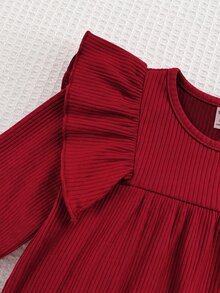 SHEIN 女嬰純色針織圓領荷葉邊下擺休閒洋裝，紅色，秋季長袖幼女服飾 - 酒紅色 - 查看 3