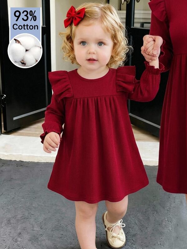 SHEIN Baby Girl Solid Color Knit Round Neck Ruffle Hem Casual Dress,Red,Fall Clothes,Long Sleeve,Toddler Girl Clothes