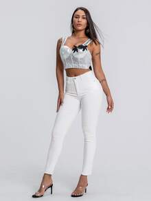 SHEIN SXY 纯色修身口袋磨边时尚休闲牛仔裤 - 白色 - 查看 4