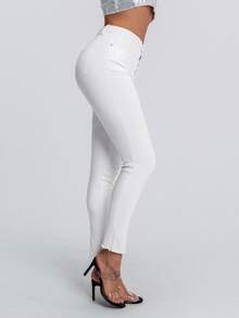 SHEIN SXY 纯色修身口袋磨边时尚休闲牛仔裤 - 白色 - 查看 2