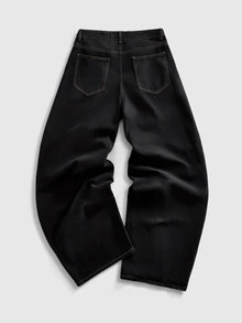 ROMWE MEN Street Life Men's Contrast Color Slant Pocket Loose Fit Vintage Style Jeans - Black - View 9