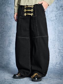 ROMWE MEN Street Life Men's Contrast Color Slant Pocket Loose Fit Vintage Style Jeans - Black - View 4