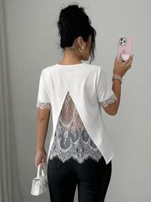 Elenzga Women's Spring/Summer A-Line Patchwork Romantic Lace French Casual T-Shirt Suitable For Office And Daily Wear - White - View 2