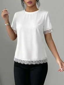 Elenzga Women's Spring/Summer A-Line Patchwork Romantic Lace French Casual T-Shirt Suitable For Office And Daily Wear - White - View 3