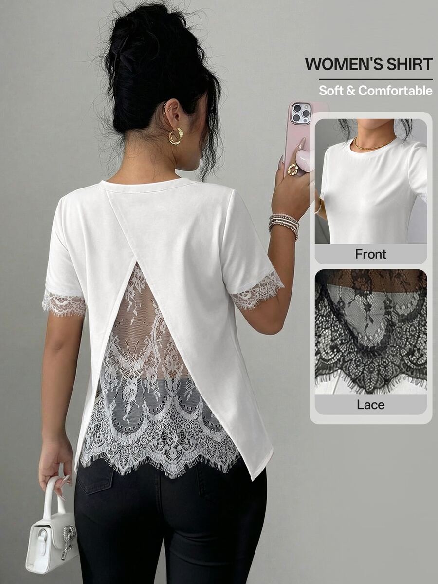 Elenzga Women's Spring/Summer A-Line Patchwork Romantic Lace French Casual T-Shirt Suitable For Office And Daily Wear - White - View 1