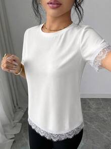 Elenzga Women's Spring/Summer A-Line Patchwork Romantic Lace French Casual T-Shirt Suitable For Office And Daily Wear - White - View 5