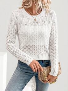 SHEIN Raffinéa Minimalist Romantic Elegant Fashion Commuter Brunch Date Casual Daily Round Neck Hollow Knit Top White Autumn - White - View 8