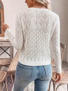 SHEIN Raffinéa Minimalist Romantic Elegant Fashion Commuter Brunch Date Casual Daily Round Neck Hollow Knit Top White Autumn - White - View 5