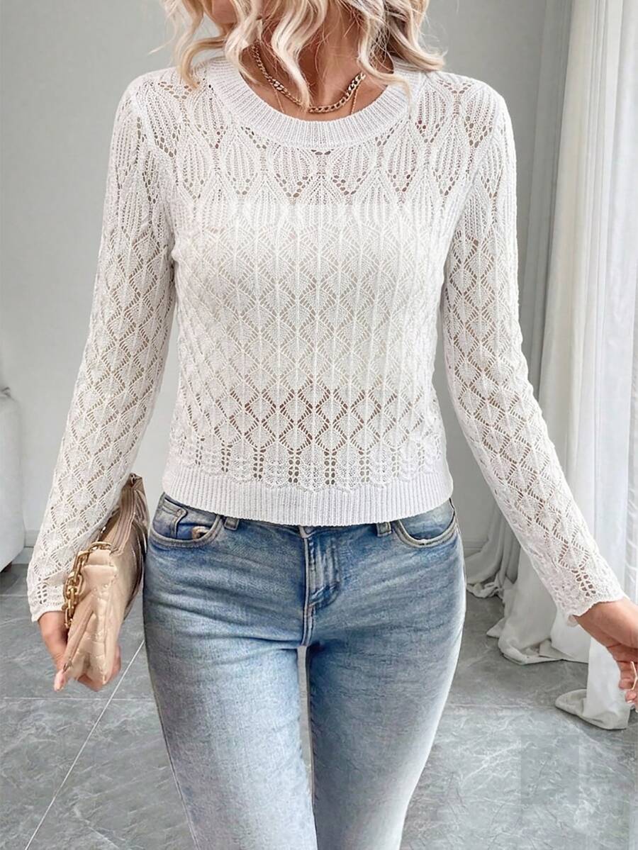 SHEIN Raffinéa Minimalist Romantic Elegant Fashion Commuter Brunch Date Casual Daily Round Neck Hollow Knit Top White Autumn