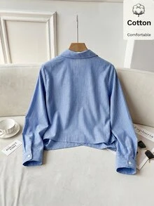 Solavon 女款條紋長袖側腰綁帶休閒襯衫 - 藍色 - 查看 5