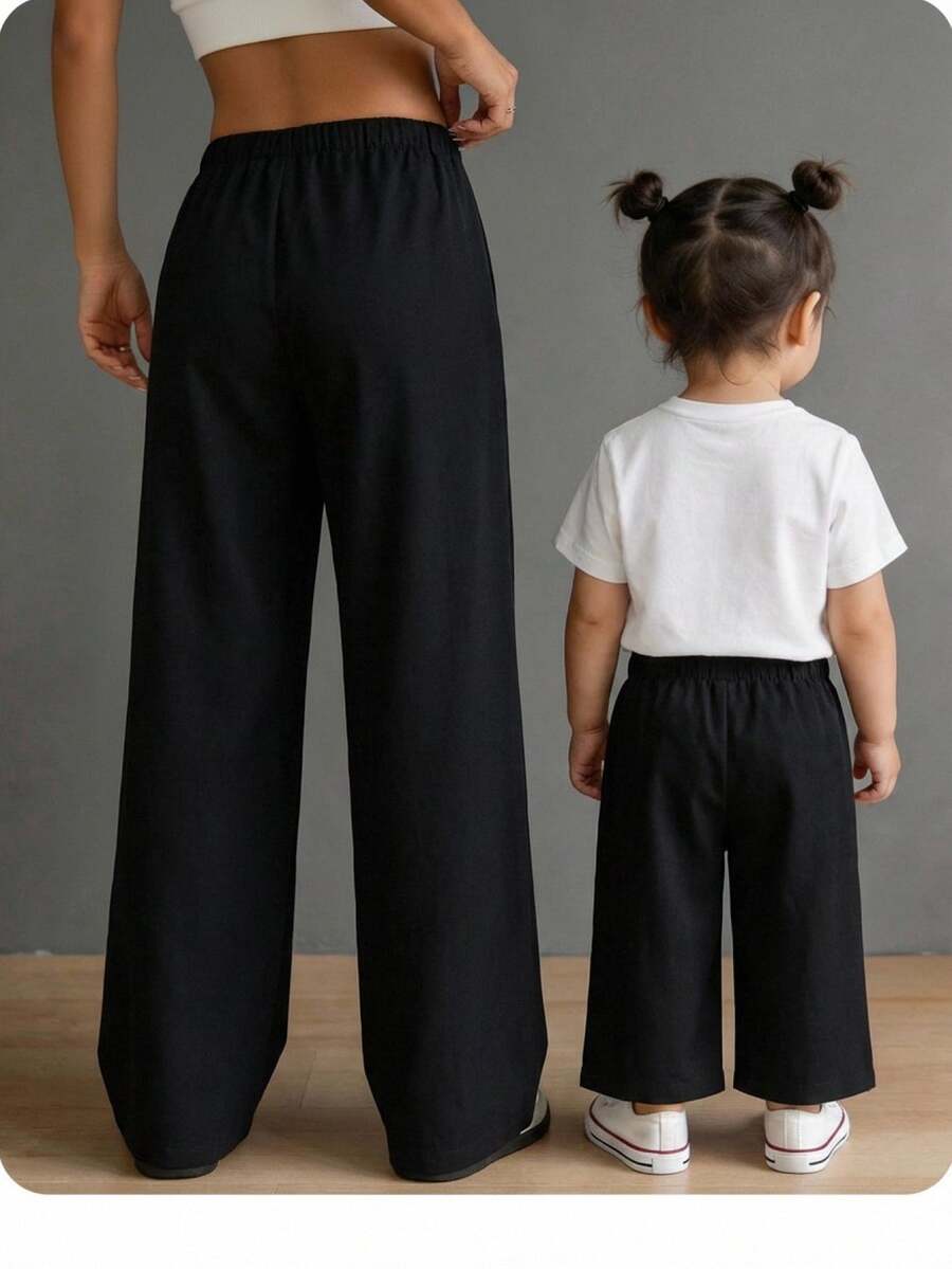 Celana Panjang Kasual Anak Perempuan untuk Liburan, Lucu, Serbaguna, Bergaris, Pinggang Elastis - Hitam - View 1