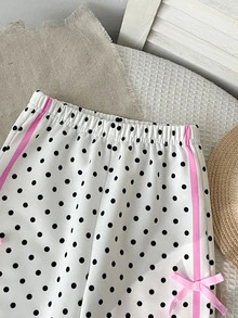 SHEIN 女童波點拼色粉色蝴蝶結寬腿長褲，適合日常穿著與返校，休閒寬鬆版型，四季皆宜 - 白色 - 查看 9