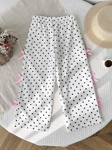 SHEIN 女童波點拼色粉色蝴蝶結寬腿長褲，適合日常穿著與返校，休閒寬鬆版型，四季皆宜 - 白色 - 查看 7