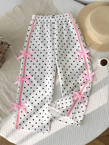 SHEIN 女童波點拼色粉色蝴蝶結寬腿長褲，適合日常穿著與返校，休閒寬鬆版型，四季皆宜 - 白色 - 查看 6