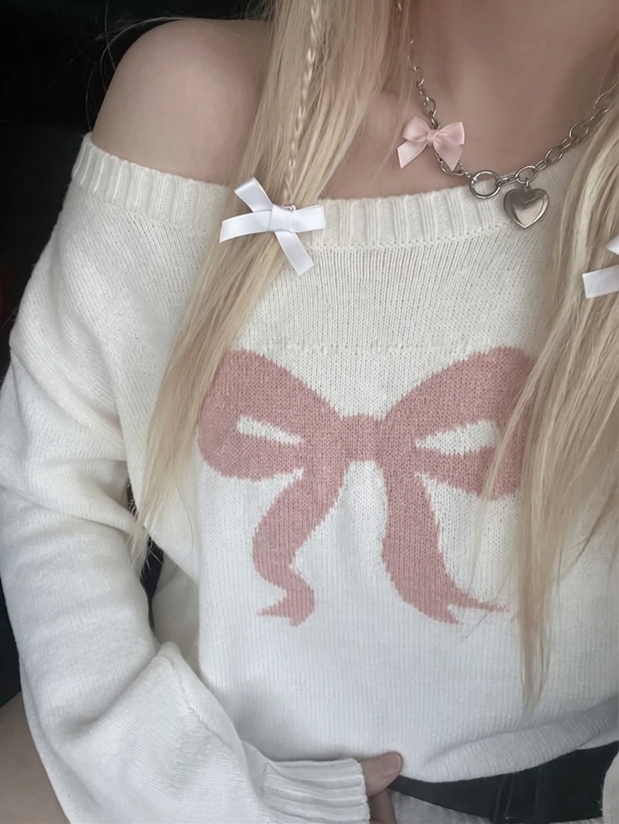 SHEIN ICON 女款秋冬懶人時尚簡約百搭甜美蝴蝶結不對稱露肩套頭毛衣 - 白色 - 查看 1