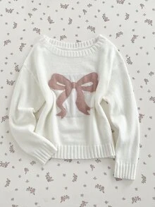 SHEIN ICON 女款秋冬懶人時尚簡約百搭甜美蝴蝶結不對稱露肩套頭毛衣 - 白色 - 查看 4