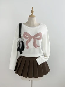 SHEIN ICON 女款秋冬懶人時尚簡約百搭甜美蝴蝶結不對稱露肩套頭毛衣 - 白色 - 查看 5