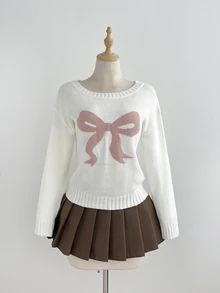 SHEIN ICON 女款秋冬懶人時尚簡約百搭甜美蝴蝶結不對稱露肩套頭毛衣 - 白色 - 查看 7