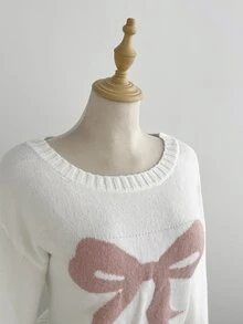 SHEIN ICON 女款秋冬懶人時尚簡約百搭甜美蝴蝶結不對稱露肩套頭毛衣 - 白色 - 查看 8
