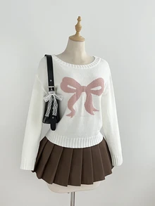 SHEIN ICON 女款秋冬懶人時尚簡約百搭甜美蝴蝶結不對稱露肩套頭毛衣 - 白色 - 查看 6