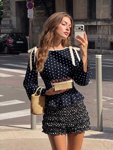SHEIN MOD 女款撞色蝴蝶結裝飾喇叭袖收腰時尚襯衫 - 藏蓝色 - 查看 5
