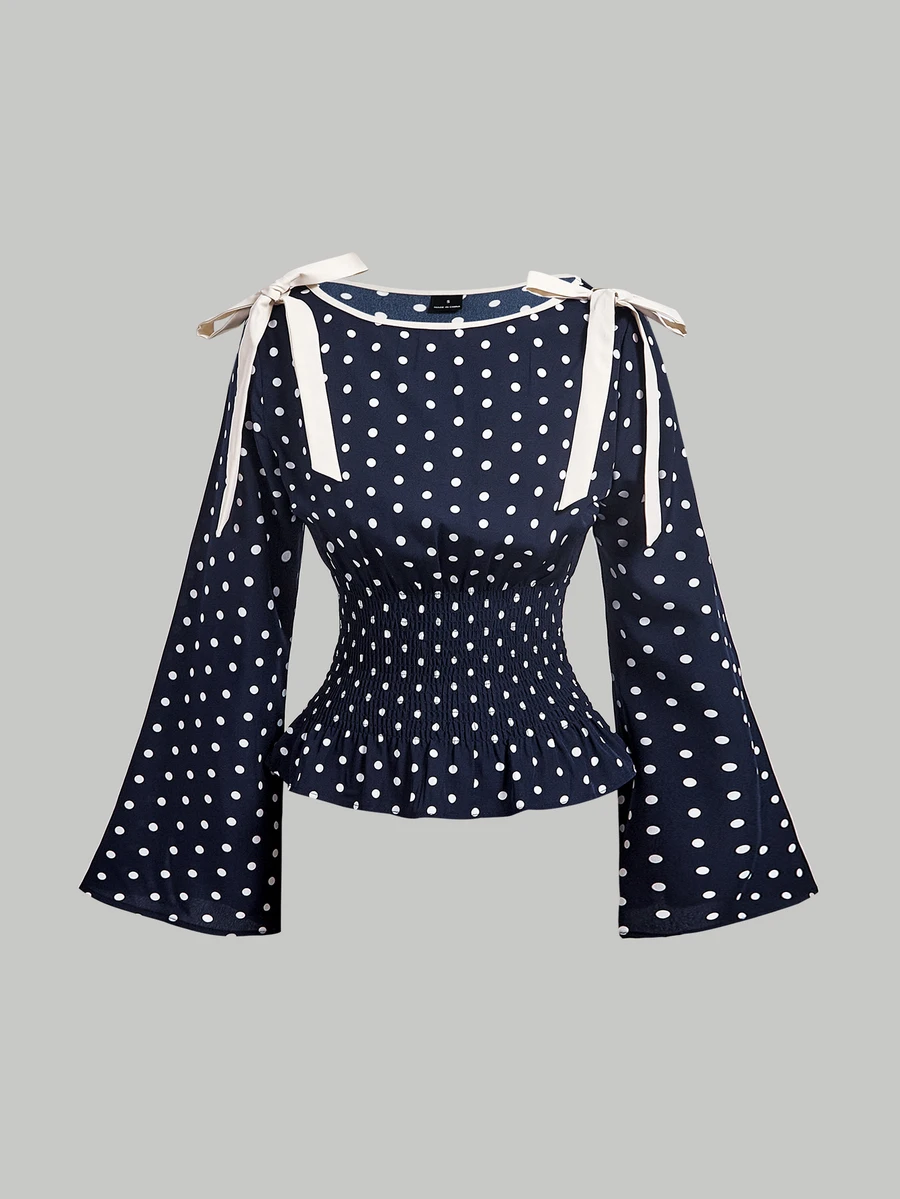 SHEIN MOD Women's Contrast Color Bow Decor Flare Sleeve Waist Cinched Fashion Blouse - Navy Blue - View 1