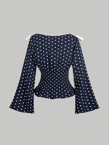 SHEIN MOD 女款撞色蝴蝶結裝飾喇叭袖收腰時尚襯衫 - 藏蓝色 - 查看 2