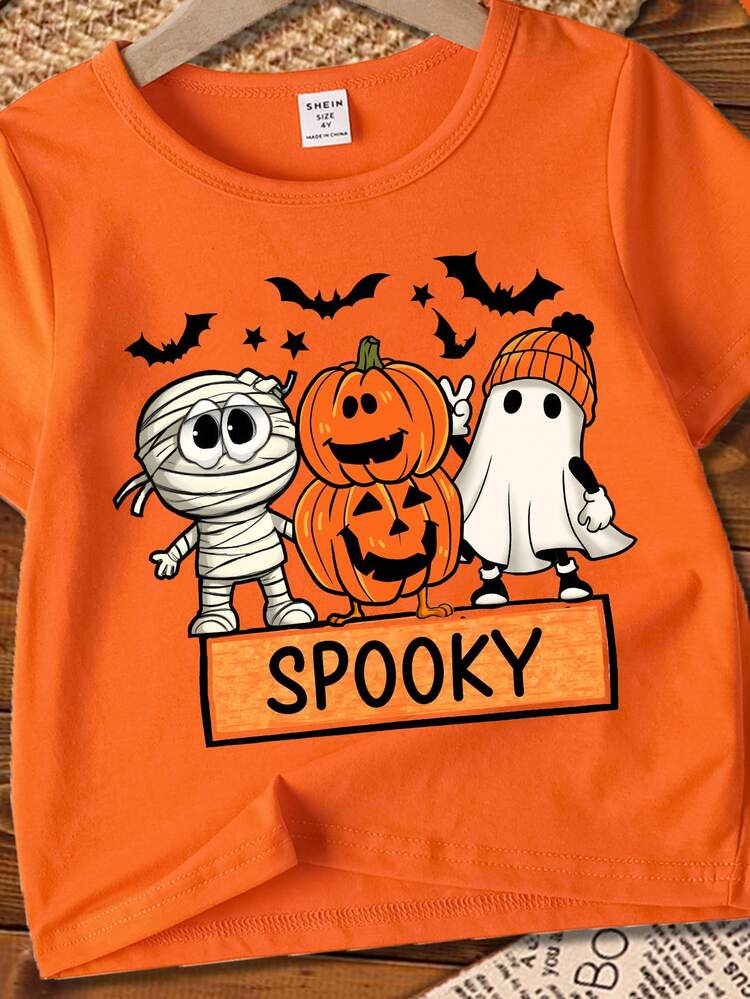 Young Boy Halloween Ghost Print Short Sleeve Tee - Orange - View 4