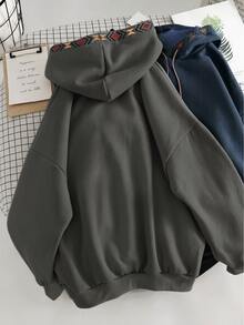Resyla Women's Geometric Embroidered Long Sleeve Casual Drawstring Hooded Sweatshirt - Dark Grey - View 2