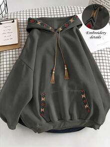 Resyla Women's Geometric Embroidered Long Sleeve Casual Drawstring Hooded Sweatshirt - Dark Grey - View 1