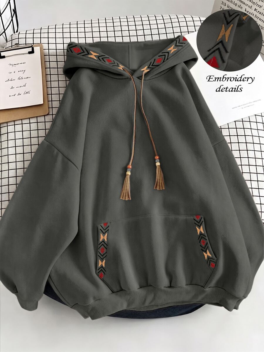 Resyla Women's Geometric Embroidered Long Sleeve Casual Drawstring Hooded Sweatshirt - Dark Grey - View 1