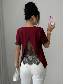 Elenzga 女款春夏 A 字拼接浪漫性感蕾絲法式休閒 T 恤，適合辦公室、夜晚外出、日常穿著，酒紅色 - 酒紅色 - 查看 2