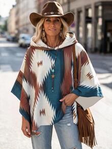 LanaWest Women's Multi-Color Striped Print Wool Hooded Cape Coat - Multicolor - View 5